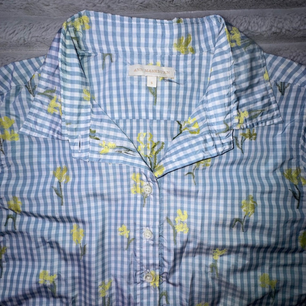 Ann Mashburn Women's Small Blue Gingham Floral Popover Shirt Dress Pockets Swish - Picture 9 of 14